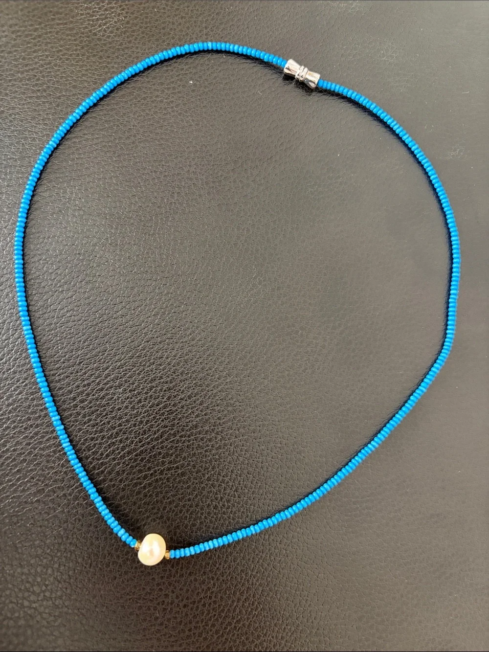 Blue Beaded Necklace with Pearl Accent